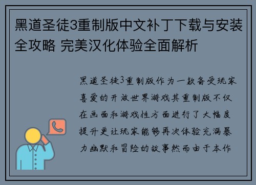 黑道圣徒3重制版中文补丁下载与安装全攻略 完美汉化体验全面解析